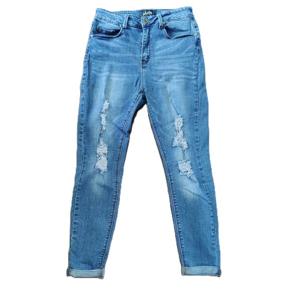 INDIGO REIN Cropped Distressed High Rise Sz 13 Women's Jrs Stretch Cuffed Jeans - Picture 1 of 4